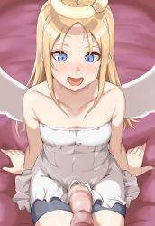 Rule 34 | 1other, :d, angel, angel wings, arm support, bare arms, black shorts, blonde hair, blue eyes, blush, broken halo, censored, commentary request, crimvael, dress, erection, flat chest, futanari, halo, highres, himesamaiove, ishuzoku reviewers, large penis, long hair, looking down, mosaic censoring, nose blush, off-shoulder dress, off shoulder, open mouth, penis, penises touching, shorts, sitting, smile, solo focus, white dress, white wings, wings