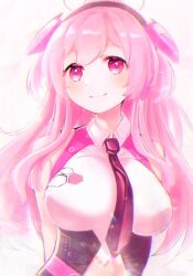 Rule 34 | 1girl, arms behind back, blush, breasts, collared shirt, commentary request, dot nose, glowing, hair between eyes, large breasts, long hair, looking to the side, moe momoiro, pink eyes, pink hair, pink vest, rasis, shirt, smile, solo, sound voltex, vest, white background, white shirt