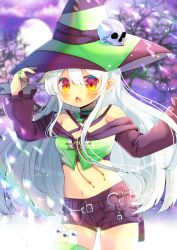 Rule 34 | 1girl, bare shoulders, bare tree, black headwear, blurry, blurry background, blush, brown shorts, copyright request, crop top, depth of field, fang, full moon, hair between eyes, hand on headwear, hand up, kou hiyoyo, long hair, long sleeves, midriff, moon, navel, night, open mouth, outdoors, puffy long sleeves, puffy sleeves, red eyes, short shorts, shorts, skull, solo, tree, very long hair, virtual youtuber, white hair