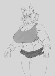 Rule 34 | 1girl, animal ears, armorv1, breasts, chestnut mouth, cleavage, dog ears, dog girl, ears up, female focus, highres, huge breasts, muscular, muscular female, original, short hair, sketch, solo, sports bra, standing, thick thighs, thighs