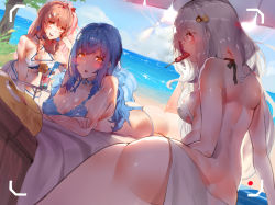 Rule 34 | 3girls, absurdres, ass, back, bare shoulders, beach, bear hair ornament, bikini, blue bikini, blue hair, blue sky, blush, bow, braid, breasts, closed mouth, covered erect nipples, day, feet up, food, girls&#039; frontline, hair between eyes, hair bow, hair ornament, hair over one eye, hair ribbon, hairclip, halterneck, hexagram, highres, huge filesize, large breasts, leaning forward, long hair, looking at viewer, lying, medium breasts, mouth hold, multiple girls, negev (girls&#039; frontline), ocean, on stomach, one side up, outdoors, pink hair, pk (girls&#039; frontline), red bow, red eyes, ribbon, sarong, shade, shoulder blades, silver hair, sitting, sky, smile, star of david, swimsuit, tar-21 (girls&#039; frontline), thighs, untied bikini, very long hair, viewfinder, wet, white bikini, yellow eyes, yueqin (monnpiano)