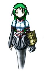 Rule 34 | 1girl, absurdres, android, arma (recettear), elbow gloves, facial mark, forehead mark, gloves, green hair, hairband, highres, itsnotfilia, long hair, mechanical arms, midriff, pantyhose, recettear, single mechanical arm, solo, yellow eyes