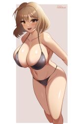 Rule 34 | 1girl, 99illust, :d, absurdres, anis (nikke), bikini, black bikini, blush, breasts, brown hair, collarbone, cowboy shot, cropped legs, goddess of victory: nikke, highres, large breasts, navel, open mouth, short hair, simple background, skindentation, smile, solo, swimsuit, teeth, thighs, twitter username, upper teeth only, yellow eyes