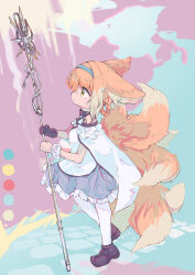 Rule 34 | 1girl, animal ear fluff, animal ears, arknights, artist name, bare shoulders, black footwear, black gloves, blonde hair, blue hairband, braid, braided hair rings, cape, closed mouth, clothing cutout, dress, erandhl, fox ears, fox girl, fox tail, frilled dress, frills, from side, full body, gloves, green eyes, hair between eyes, hair rings, hairband, highres, holding, holding staff, kitsune, kyuubi, material growth, multicolored hair, multiple tails, oripathy lesion (arknights), pantyhose, purple dress, scrunchie, shoes, shoulder cutout, single glove, solo, staff, suzuran (arknights), tail, twitter username, two-tone hair, white cape, white hair, white pantyhose, white scrunchie, wrist scrunchie