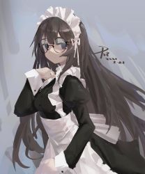 Rule 34 | 1girl, :/, absurdres, apron, back bow, black eyes, black hair, black poi, bow, breasts, closed mouth, commentary request, cowboy shot, expressionless, eyebrows hidden by hair, glasses, grey background, hand up, highres, juliet sleeves, large bow, long hair, long sleeves, looking at viewer, maid, maid apron, maid headdress, medium breasts, no lineart, original, puffy sleeves, round eyewear, signature, solo, straight hair, white apron, white bow