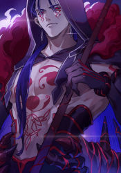 Rule 34 | 1boy, bare pectorals, black gloves, blue background, blue hair, chest tattoo, closed mouth, cu chulainn (fate), cu chulainn (fate) (all), cu chulainn (fate/stay night), cu chulainn alter (fate), cu chulainn alter (fate/grand order), earrings, elbow gloves, expressionless, facial mark, fate/grand order, fate (series), gae bolg (fate), gloves, hair over shoulder, hair strand, highres, hood, jewelry, kuzen, lancer, long hair, looking at viewer, male focus, mitsudomoe (shape), monster boy, pectorals, ponytail, red eyes, solo, spiked tail, tail, tattoo, tomoe (symbol), upper body