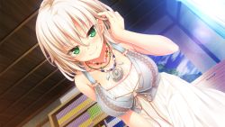 Rule 34 | 1girl, adjusting hair, bare arms, bare shoulders, blonde hair, blush, book, bookshelf, braid, breasts, ceiling, closed mouth, day, dress, facing viewer, game cg, green eyes, happy, highres, indoors, jewelry, large breasts, leaning forward, long dress, looking at viewer, necklace, nora to oujo to noraneko heart 2, oozora itsuki, original, pendant, shachi yuri, sleeveless, smile, solo, sunlight, wall, white dress, window