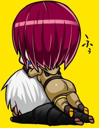 Rule 34 | angry, brother and sister, chibi, from behind, gloves, highres, k&#039; (kof), military, military uniform, okyou, siblings, stack, the king of fighters, uniform, whip (kof), white hair, yellow background