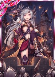 Rule 34 | 1girl, 4boys, akkijin, armor, bikini armor, card, castle, chain, grey hair, hand up, knight, long hair, looking at viewer, multiple boys, open mouth, red eyes, shinkai no valkyrie, smile, solo focus, thighhighs, weapon
