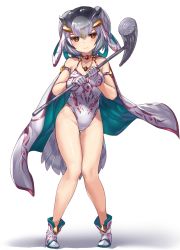 Rule 34 | 1girl, alternate costume, bare shoulders, bird tail, black hair, boots, cape, frown, full body, gloves, gradient hair, grey hair, hair between eyes, highres, jewelry, kemono friends, knees together feet apart, leotard, looking at viewer, multicolored hair, necklace, northern white-faced owl (kemono friends), orange eyes, short hair, simple background, solo, standing, tadano magu, tail, white background