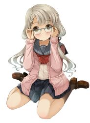 1girl adjusting_eyewear bespectacled black_ribbon blue-framed_eyewear blue_sailor_collar blue_skirt blush bow bowtie braid braided_bangs brown_eyes brown_footwear brown_socks cardigan collarbone dot_nose full_body glasses grey_hair hair_bow hair_ribbon hands_up highres hisakawa_nagi idolmaster idolmaster_cinderella_girls idolmaster_cinderella_girls_starlight_stage loafers long_hair long_sleeves looking_at_viewer low_twintails michii_yuuki open_cardigan open_clothes over-rim_eyewear parted_lips pink_cardigan pleated_skirt red_bow red_bowtie ribbon sailor_collar school_uniform semi-rimless_eyewear serafuku shirt shoes simple_background sitting skirt socks solo twintails very_long_hair wariza white_background white_serafuku white_shirt