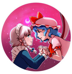 Rule 34 | 2girls, ascot, blue eyes, blue hair, bow, braid, couple, crescent moon, eye contact, female focus, floating, hat, hat bow, holding hands, interlocked fingers, izayoi sakuya, looking at another, lowres, maid, maid headdress, moon, multiple girls, nail polish, night, night sky, pointy ears, red eyes, remilia scarlet, roarke (lavenderincubus), round image, short hair, silver hair, sky, touhou, twin braids, wings, wrist cuffs, wristband, yuri
