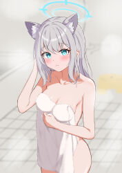 Rule 34 | 1girl, absurdres, animal ear fluff, animal ears, bathroom, bathtub, blue archive, blue halo, blush, breasts, cleavage, closed mouth, commentary request, cowboy shot, extra ears, green eyes, grey hair, halo, hand up, highres, hojichabu, indoors, long hair, looking at viewer, medium breasts, mismatched pupils, naked towel, revision, shiroko (blue archive), solo, standing, towel, wolf ears