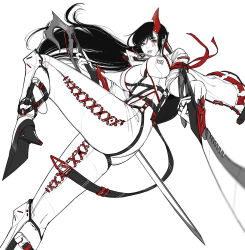 Rule 34 | 1girl, armor, arms up, bandaged arm, bandages, belt, black footwear, black hair, black legwear, black nails, blurry, bodysuit, boots, breasts, breasts apart, collar, collared jacket, colored skin, criss-cross halter, crossed belts, demon, demon horns, depth of field, eyebrows visible through hat, facial tattoo, floating, floating hair, foot out of frame, from below, full body, gladiator, greyscale, groin, hair between eyes, hair ornament, half-closed eyes, halterneck, hancho xo, high heel boots, high heels, highres, holding, holding weapon, horn ornament, horns, jacket, jewelry, large breasts, leg up, lineart, lip piercing, long hair, looking at viewer, lying, mecha, mechanical horns, mechanical parts, mechanical sword, metal, midriff, monochrome, nail polish, navel, necklace, number tattoo, on back, open clothes, open mouth, original, pants, piercing, red bandage, red eyes, resolution mismatch, robot, roman numeral, science fiction, simple background, single horn, skindentation, solo, source larger, spot color, strap, sword, tattoo, thigh strap, thighlet, thighs, underboob, weapon, white jacket, white legwear, white skin, white sleeves, zipper