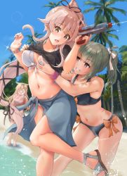 Rule 34 | 0 0, 3girls, :d, ball, beach, beachball, bikini, black shirt, blonde hair, blue sarong, blue sky, blush, brown eyes, collarbone, day, green hair, groin, hair flaps, hand on another&#039;s stomach, highres, holding, holding ball, holding beachball, holding water gun, k jie, kantai collection, long hair, multiple girls, navel, ocean, open mouth, palm tree, pink hair, ponytail, sarong, scarf, shirt, sky, smile, swimsuit, tree, water gun, white bikini, white scarf, yellow eyes, yura (kancolle), yuubari (kancolle), yuubari kai ni (kancolle), yuudachi (kancolle)