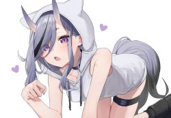 Rule 34 | 1girl, animal hood, bare shoulders, black footwear, black hair, black socks, blush, boots, choker, drawstring, fang, heart, hood, hood up, hoodie, horns, kneeling, light purple hair, long hair, long hoodie, looking at viewer, mole, mole under mouth, multicolored hair, nijisanji, oni, open mouth, paw pose, pointy ears, purple eyes, rindou mikoto, short eyebrows, simple background, skin-covered horns, skin fang, skindentation, sleeveless, sleeveless hoodie, socks, solo, streaked hair, syhan, tail, thick eyebrows, thigh strap, two-tone hair, virtual youtuber, white background