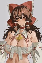 Rule 34 | ascot, ascot between breasts, bare shoulders, between breasts, blush, bow, breasts, brown eyes, brown hair, choker, cleavage, collar, commentary, detached sleeves, embarrassed, english commentary, expressionless, frilled bow, frilled choker, frilled hair tubes, frills, grey background, hair tubes, hakurei reimu, highres, large breasts, long hair, long sleeves, navel, red bow, red choker, red ribbon, ribbon, ribbon-trimmed sleeves, ribbon trim, sarashi, simple background, stomach, tomatolover16, touhou, upper body, white sleeves, wide sleeves, yellow ascot