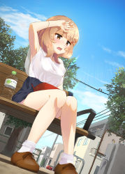 Rule 34 | 1girl, alternate costume, arm up, armpits, bag, bench, bird, blouse, blush, bottle, bracelet, brown eyes, brown footwear, brown hair, car, cloud, commentary request, faucet, hair ornament, hairclip, handbag, highres, house, jewelry, lens flare, minase yuki, motor vehicle, open mouth, park, park bench, see-through, see-through shirt, shirt, shoes, shoujo kageki revue starlight, sitting, socks, solo, sparrow, sweat, tanaka yuyuko, tree, water bottle, white shirt, white socks
