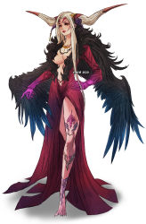 Rule 34 | 1girl, artist name, barefoot, black wings, body markings, breasts, claws, cleavage, dress, eyeshadow, facial mark, feather trim, final fantasy, final fantasy viii, full body, gold necklace, hair ornament, hand on own hip, horns, jewelry, large breasts, long hair, long sleeves, looking to the side, makeup, necklace, parted bangs, plunging neckline, red dress, side slit, solo, standing, ultimecia, vhyrel, white background, white hair, wings