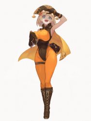 Rule 34 | 1girl, :d, arm up, armpits, black gloves, black leotard, blonde hair, blue eyes, bodysuit, book, boots, breasts, brown bag, commentary request, covered navel, cross-laced footwear, earrings, full body, ginkgo tree, gloves, hand on forehead, headdress, highres, holding, holding book, jewelry, large breasts, leotard, looking at viewer, moco (moco 28), open mouth, orange bodysuit, original, short hair, simple background, smile, solo, tassel, thigh strap, white background