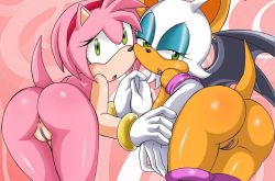 Rule 34 | 2girls, amy rose, animal ears, ass, furry, gloves, green eyes, multiple girls, pussy, rouge the bat, sonic (series), tail