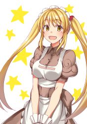 Rule 34 | 1girl, apron, blonde hair, blush, breasts, breasts squeezed together, brown dress, buttons, commentary request, cowboy shot, dress, frilled apron, frills, gloves, hair bobbles, hair ornament, highres, ike masato, kafra uniform, long hair, looking at viewer, maid, maid apron, maid headdress, medium breasts, open mouth, puffy short sleeves, puffy sleeves, ragnarok online, short sleeves, sidelocks, simple background, solo, standing, star (symbol), starry background, two side up, very long hair, white apron, white background, white gloves, yellow eyes