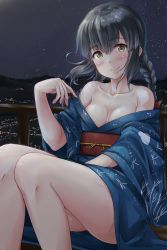 Rule 34 | 10s, 1girl, black hair, blush, breasts, city lights, collarbone, highres, ichikawa feesu, isonami (kancolle), japanese clothes, kantai collection, kimono, looking at viewer, night, night sky, no bra, off shoulder, sky, small breasts, smile, solo, star (sky), twintails, yellow eyes