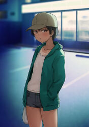 Rule 34 | 1girl, :t, baseball cap, breasts, closed mouth, commentary request, convenience store, green jacket, hand in pocket, hashi, hat, jacket, looking at viewer, medium breasts, open clothes, open jacket, original, outdoors, shop, short hair, short shorts, shorts, solo, tan, tanline, tomboy