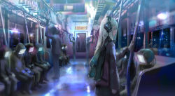 Rule 34 | 1girl, backpack, bag, blonde hair, closed mouth, commentary request, denki, from side, grey eyes, hand grip, headphones, holding, jacket, long sleeves, neon lights, original, profile, skirt, solo focus, standing, train, train interior