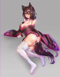 Rule 34 | 1girl, absurdres, animal ears, bare shoulders, blush, breasts, brown hair, cameltoe, cleavage, deluxe&lt;&lt;&lt;, fang, female focus, from side, full body, green eyes, hair between eyes, highres, japanese clothes, kimono, large breasts, long hair, looking at viewer, looking back, lying, obi, off shoulder, on side, open mouth, panties, sash, solo, tail, thighhighs, underwear, white panties, white thighhighs, wide sleeves