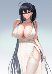 Rule 34 | 1girl, absurdres, ahoge, armlet, azur lane, bare shoulders, black hair, bracelet, breasts, closed mouth, collarbone, commentary request, crossed bangs, dot nose, dress, earrings, evening gown, garter straps, gradient background, grey background, hair between eyes, highres, huge breasts, jewelry, long hair, minato81345, necklace, official alternate costume, one side up, plunging neckline, red eyes, side slit, simple background, skindentation, skirt hold, smile, solo, straight hair, taihou (azur lane), taihou (temptation on the sea breeze) (azur lane), thighhighs, thighs, very long hair, white dress, white garter straps, white thighhighs
