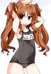 Rule 34 | 10s, 1girl, :3, ano natsu de matteru, armpits, arms up, black one-piece swimsuit, black school swimsuit, brown hair, chibi, chibi on head, flat chest, hair ribbon, hands in hair, highres, long hair, old school swimsuit, on head, one-piece swimsuit, open mouth, purple eyes, ribbon, rinon (ano natsu de matteru), school swimsuit, shirogane (platinum), smile, swimsuit, twintails, yamano remon