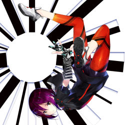 Rule 34 | 1girl, album cover, amagai tarou, bike shorts, black gloves, black jacket, black leggings, black shorts, brown eyes, closed mouth, cover, elbow gloves, expressionless, foreshortening, gloves, highres, jacket, leggings, looking at viewer, outstretched arms, partially fingerless gloves, purple hair, shoes, short hair, short sleeves, shorts, simple background, socks, upside-down, white background, white footwear