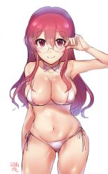 Rule 34 | 1girl, adjusting eyewear, areola slip, arm at side, armpits, artist name, bad id, bad pixiv id, bare arms, bare shoulders, bikini, breasts, cleavage, closed mouth, collarbone, contrapposto, cowboy shot, detached collar, eyebrows, glasses, highres, large breasts, long hair, looking at viewer, navel, original, pink eyes, pink hair, ribbon, side-tie bikini bottom, sidelocks, simple background, smile, solo, songmil, standing, stomach, swimsuit, tareme, white background, white bikini, white ribbon