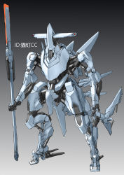 Rule 34 | absurdres, bad id, bad pixiv id, grey background, hammerhead shark, highres, holding, holding polearm, holding spear, holding weapon, mecha, mechanization, no humans, open hand, original, polearm, red eyes, robot, solo, spear, standing, weapon, ztb0000