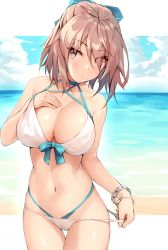 Rule 34 | 1girl, ahoge, bare shoulders, beach, bikini, blonde hair, blush, bow, bracelet, breasts, cleavage, closed mouth, collarbone, day, fate/grand order, fate (series), green bow, grey eyes, hair between eyes, hair bow, half updo, jewelry, large breasts, looking at viewer, multi-strapped bikini, navel, ocean, okita j. souji (fate), okita j. souji (third ascension) (fate), okita souji (fate), okita souji (koha-ace), short hair, shunichi, solo, swimsuit, thighs, white bikini