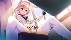 Rule 34 | 1girl, black skirt, blazer, blue eyes, blush, censored, classroom, clothes lift, day, dress shirt, female masturbation, from below, game cg, hair between eyes, hair ornament, hair scrunchie, highres, indoors, jacket, kouno mimako, long sleeves, masturbation, masturbation through clothes, miniskirt, mosaic censoring, official art, open mouth, panties, pink hair, pleated skirt, polka dot, polka dot scrunchie, purple scrunchie, red neckwear, school uniform, scrunchie, shirt, short hair, sitting, skirt, skirt lift, solo, spread legs, stained panties, thighhighs, toriko no shirabe -refrain- chouritsu sareru otome-tachi to onna kyoushi, twintails, underwear, white jacket, white shirt, white thighhighs, yellow panties