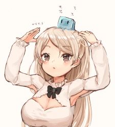 Rule 34 | 1girl, armpits, arms up, artist name, blush, borrowed character, breasts, cleavage cutout, clothing cutout, conte di cavour (kancolle), creature on head, dress, grey eyes, jiji (creature), kantai collection, large breasts, long sleeves, looking up, parted lips, silver hair, simple background, two side up, upper body, white background, white dress, wss (nicoseiga19993411)