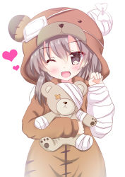 Rule 34 | 10s, 1girl, ;d, animal costume, bandages, blush, boko (girls und panzer), boko (girls und panzer) (cosplay), brown eyes, cosplay, eyepatch, girls und panzer, grey hair, hair between eyes, heart, looking at viewer, hugging object, one eye closed, open mouth, paw pose, rika-tan (rikatantan), shimada arisu, simple background, smile, solo, stuffed animal, stuffed toy, teddy bear, teeth, upper body, white background