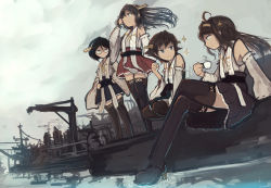 Rule 34 | 4girls, ahoge, bare shoulders, black footwear, black hair, black skirt, boots, brown hair, closed mouth, cup, detached sleeves, double bun, glasses, green skirt, grey eyes, hairband, haruna (kancolle), headgear, hiei (kancolle), hiei kai ni (kancolle), highres, holding, holding cup, japanese clothes, kantai collection, kirishima (kancolle), kirishima kai ni (kancolle), kongou (kancolle), kongou kai ni (kancolle), long hair, mifuru, multiple girls, nontraditional miko, pleated skirt, red skirt, ribbon-trimmed sleeves, ribbon trim, short hair, sitting, skirt, smile, sparkle, standing, thigh boots, thighhighs, wide sleeves