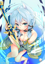 Rule 34 | 10s, 1girl, :p, animal ears, bare shoulders, barefoot, blue eyes, blue hair, blush, breasts, cat ears, collar, hinasaki you, looking at viewer, matching hair/eyes, nipples, sinon, sinon (sao-alo), slit pupils, solo, sword, sword art online, tongue, tongue out, weapon