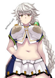 Rule 34 | 1girl, :&lt;, asymmetrical bangs, braid, braided ponytail, breasts, closed mouth, cloud print, crop top, from below, hair ornament, hip vent, kantai collection, large breasts, long hair, looking at viewer, midriff, minarai, miniskirt, navel, one-hour drawing challenge, pleated skirt, simple background, single braid, skirt, solo, twitter username, unryuu (kancolle), very long hair, white background, white hair, yellow eyes