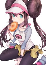 Rule 34 | 1girl, black pantyhose, bow, breasts, brown hair, closed mouth, collarbone, commentary request, creatures (company), double bun, doughnut, eating, food, game freak, green eyes, hair between eyes, hair bun, highres, holding, holding food, kumatani, long hair, nintendo, pantyhose, pantyhose under shorts, pink bow, pokemon, pokemon bw2, raglan sleeves, rosa (pokemon), shirt, shoes, short shorts, shorts, sitting, sneakers, solo, twintails, visor cap, yellow shorts