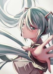 Rule 34 | 1girl, 39, absurdres, aqua eyes, aqua hair, aqua necktie, blurry, breasts, collared shirt, commentary, depth of field, eyebrows hidden by hair, foreshortening, from side, hair between eyes, hatsune miku, highres, long hair, looking at viewer, looking to the side, mahoro (minase mahoro), medium breasts, necktie, outstretched hand, reaching, reaching towards viewer, shirt, simple background, solo, twintails, upper body, very long hair, vocaloid, white shirt