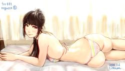 Rule 34 | 1girl, ass, bad id, bad pixiv id, bikini, black hair, blush, breasts, li (lithium0522), long hair, lying, on bed, on side, photo-referenced, ponytail, small breasts, smile, solo, swimsuit