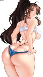 Rule 34 | 1girl, absurdres, ass, bare shoulders, black panties, blue eyes, blush, breasts, brown hair, butt crack, clothes pull, creatures (company), denim, denim shorts, from behind, game freak, highres, hilda (pokemon), huge ass, large breasts, long hair, looking at viewer, nintendo, open mouth, panties, parted lips, pokemon, pokemon bw, ponytail, rezeharu, shiny skin, short shorts, shorts, shorts pull, sideboob, simple background, solo, thick thighs, thighs, thong, underwear, very long hair, whale tail (clothing), white background