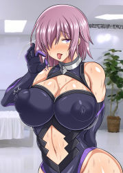 Rule 34 | 1girl, bare shoulders, blush, breasts, covered erect nipples, curvy, dorachefu, elbow gloves, fate/grand order, fate (series), fellatio gesture, gloves, hair over one eye, highres, huge breasts, light purple hair, looking at viewer, mash kyrielight, navel, puffy nipples, purple eyes, shiny skin, short hair, solo, tongue, tongue out, upper body, wet, wide hips
