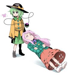 Rule 34 | black hat, bow, bug, butterfly, commentary, english commentary, eyeball, failure, falling, floral print, fuantei, green hair, green skirt, hat, hat bow, hata no kokoro, heart, heart of string, insect, komeiji koishi, long sleeves, pink eyes, pink hair, plaid, shirt, skirt, third eye, touhou, wide sleeves, yellow shirt