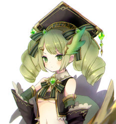 Rule 34 | 1girl, bare shoulders, black hat, blush, bow, breasts, character request, closed mouth, commentary request, cryptract, detached sleeves, green bow, green eyes, green hair, green sleeves, hair bow, hair ornament, hairclip, hat, kikka (kicca choco), long hair, long sleeves, looking at viewer, navel, sidelocks, simple background, small breasts, solo, striped, striped bow, twintails, upper body, v-shaped eyebrows, white background