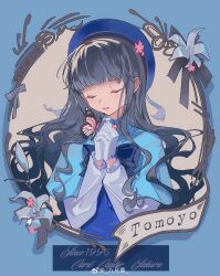 Rule 34 | 1996, 1girl, absurdres, banner, beret, black bow, black hair, blue background, blue bow, blue bowtie, blue capelet, blue dress, blue hat, blue ribbon, blunt bangs, bow, bowtie, bug, butterfly, butterfly on hand, byuey, capelet, cardcaptor sakura, character name, closed eyes, collared capelet, commentary, copyright name, daidouji tomoyo, dress, english commentary, eyelashes, flower, gloves, hat, hat flower, hat ribbon, high collar, highres, insect, interlocked fingers, lily (flower), long hair, long sleeves, open mouth, own hands clasped, own hands together, picture frame, pink butterfly, pink flower, ribbon, sidelocks, smile, solo, upper body, watermark, wavy hair, weibo logo, weibo watermark, white flower, white gloves, white sleeves, wrist bow